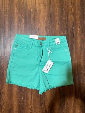 Judy Blue Teal High-Rise Frayed Hem Shorts